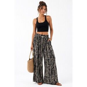 Stitch + Feather Black Cream Abstract Print Wide Leg Palazzo Pants Size L